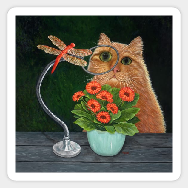 Orange Cat and Dragonfly Sticker by KarenZukArt